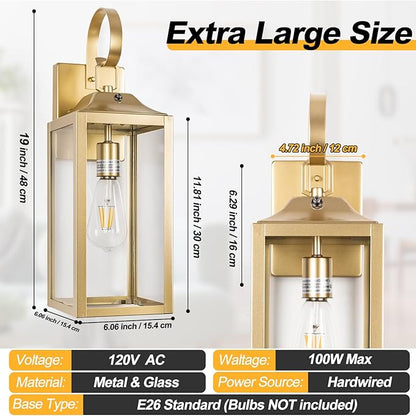 19" Large Dusk to Dawn Outdoor Wall Light, Gold Porch Light Outdoor Wall Lantern Industrial Wall Mount Light Fixture, Waterproof Modern Porch Lighting Exterior Lamp for House Garage