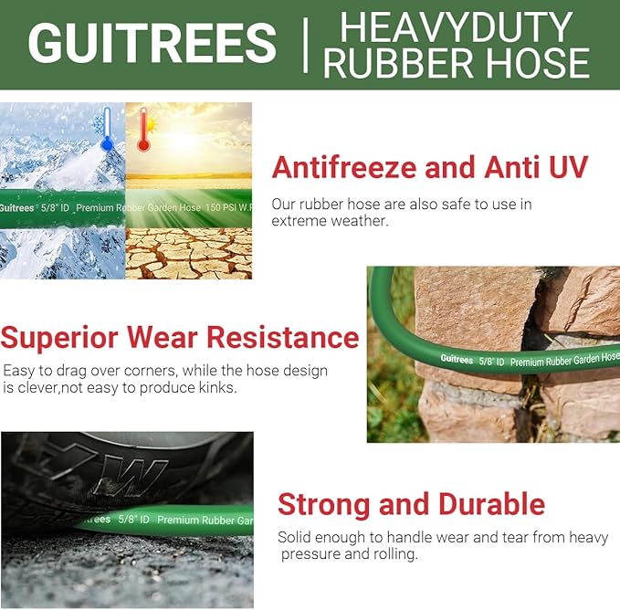 90FT 5/8 Heavy Duty Rubber Garden Hose - 200psi Working, 1000psi Burst - Hot/Cold Water - Five-Layered Braiding for Durability - Versatile for Gardening, Agriculture, Construction(Green)