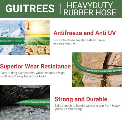 25FT 5/8 Heavy Duty Rubber Garden Hose - 200psi Working, 1000psi Burst - Hot/Cold Water - Five-Layered Braiding for Durability - Versatile for Gardening, Agriculture, Construction(Green)