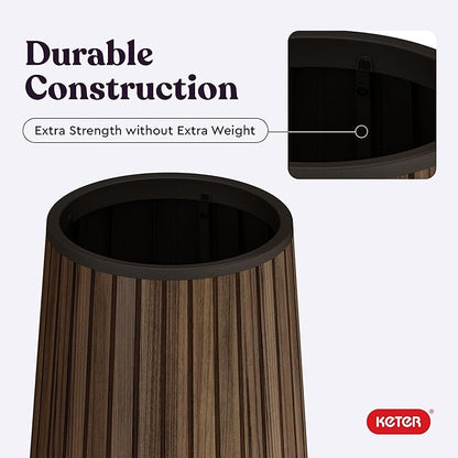 Keter Signature Conic 23.8 Inch Tall Round Large Wood Look Planter for Indoor or Outdoor Flower Pot Ideal for Patio Deck and Front Porch Decor, Rosewood