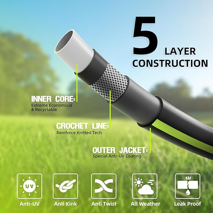 Worth Leader Long Garden Hose 5/8 in. x 50 ft. -No Kink, Flexible, Leakproof, Male to Female Fittings -Heavy Duty Durable PVC Lightweight Water Pipe with Brass Aluminum Ends for Household & Yard Use