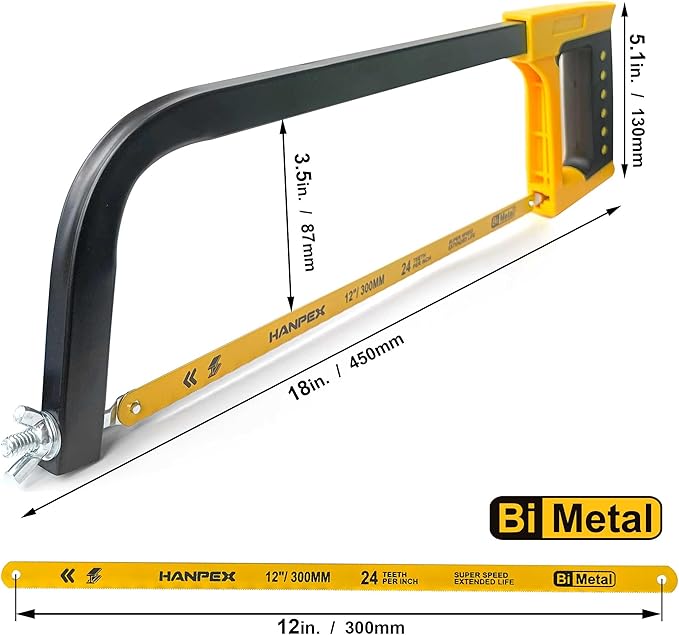 12inch High-Tension Hacksaw Frame with 24 TPI Bi-metal Blade, Hand Saw Suitable for Metal, wood, PVC, Carpentry
