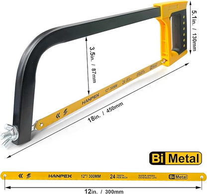 12inch High-Tension Hacksaw Frame with 24 TPI Bi-metal Blade, Hand Saw Suitable for Metal, wood, PVC, Carpentry