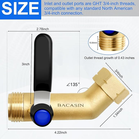 135° Full Flow Heavy Duty Brass Garden Hose Shutoff Valve with 304 Stainless Steel Extended Handle, 3/4-Inch Leak-Free Elbow Connector for Outdoor Faucets, RV Spigots, and Hose Extenders