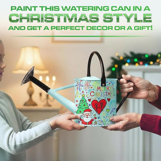 Plexon 1 Gallon Metal Watering Can Outdoor, Flower Plant Gardening Garden Large Watering Can Pot, Black Galvanized Steel Handles and Removable Spray Spout, Aqua Mist Blue