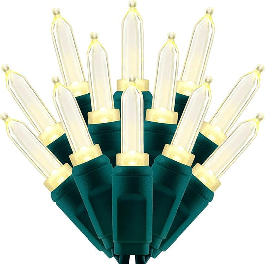 100 Warm White One-Piece LED Christmas Lights, 33 ft Green Cord High Waterproof UL Certified T5 Outdoor String Lights (Warm White)