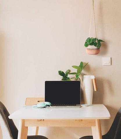 23 Bees Ceramic Hanging Planter, Pink White Succulent Pots, Round Plant Holder Container, Cactus Pot with Cotton Rope Hanger, Indoor Outdoor Decor, (1 Pack x Pink Horizon)