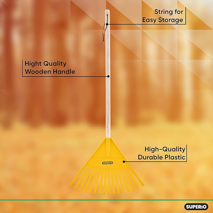 Gardening Tools Outdoor Rakes for Lawns Heavy Duty Wood Handle Cleaning Yard Tool Rake Landscape Essentials with Durable Plastic Leaf Collector Head 6-Pack