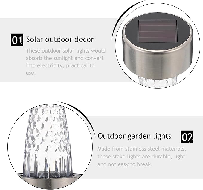 12Pcs Stainless Steel Solar Lawn Stake Lights Warm White Outdoor Pathway Garden Solar Powered Decorative Lighting for Yard Patio
