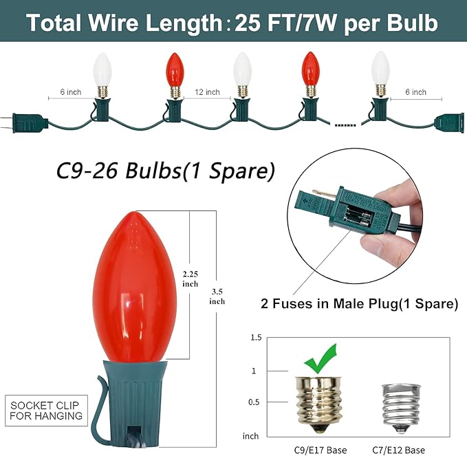 SUNSGNE C9 Christmas Outdoor String Lights 25 Feet Vintage Christmas Tree Lights with 26 7W Red White Glass Bulbs(1 Spare) for Backyard Patio Balcony Xmas Decor, Green Wire