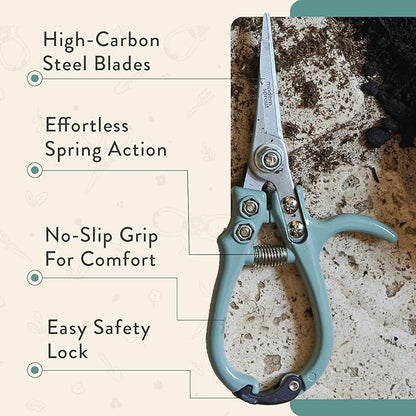 Modern Sprout Pruning Shears - Herb Snipping Scissors- Lightweight Gardening Tools W/Easy Lock - Flower Cutter Garden Shears - Carbon Steel Blade + Reusable Holster (Ocean, 1-Pack)