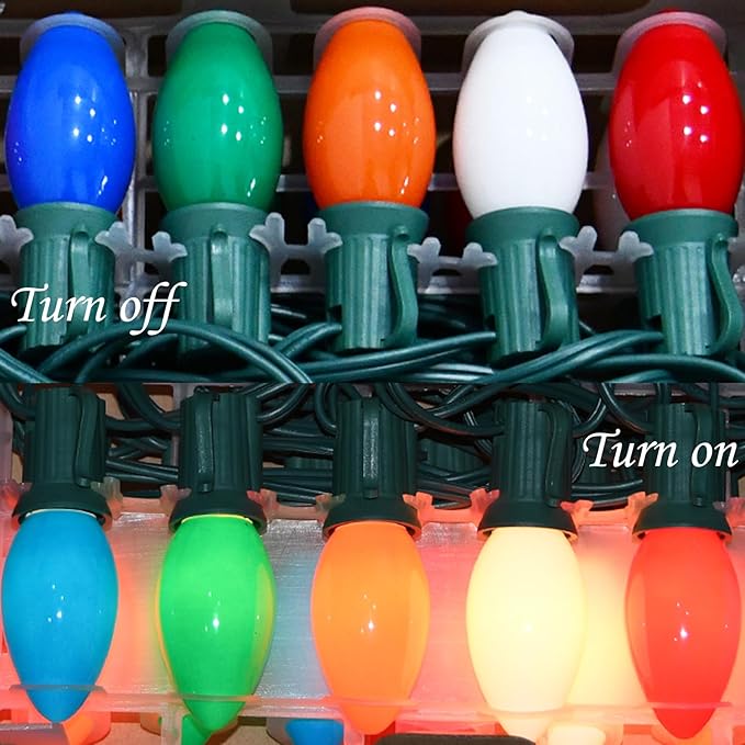 SUNSGNE 25Ft Christmas Lights Outdoor, C9 Multicolor Christmas Lights with 26 Colored Ceramic Incandescent Bulbs for Holiday, Xmas, Roofline, Wedding- Green Wire
