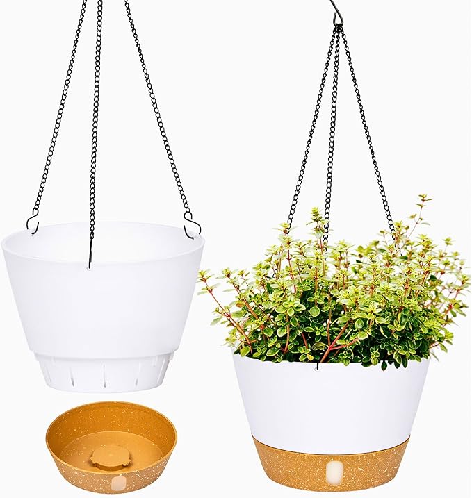 QCQHDU 2 Pack 8 Inch Hanging Planters for Indoor Outdoor Plants, Hanging Baskets Flower Pots with Reservoir Tray & Visible Water-Level