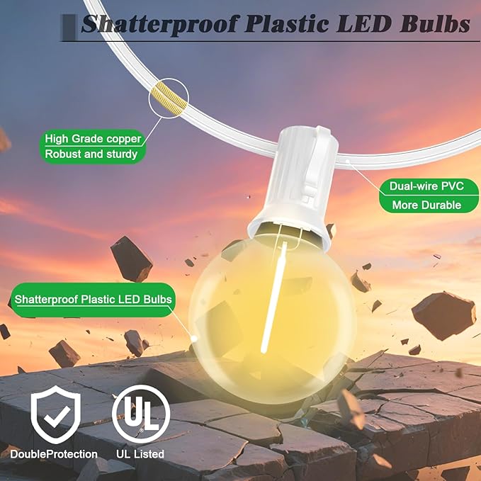 25FT LED Outdoor String Lights Waterproof Shatterproof with 25 Clear Plastic Bulbs & 2 Spares, White Wire for Cafe Garden Balcony Party Decor