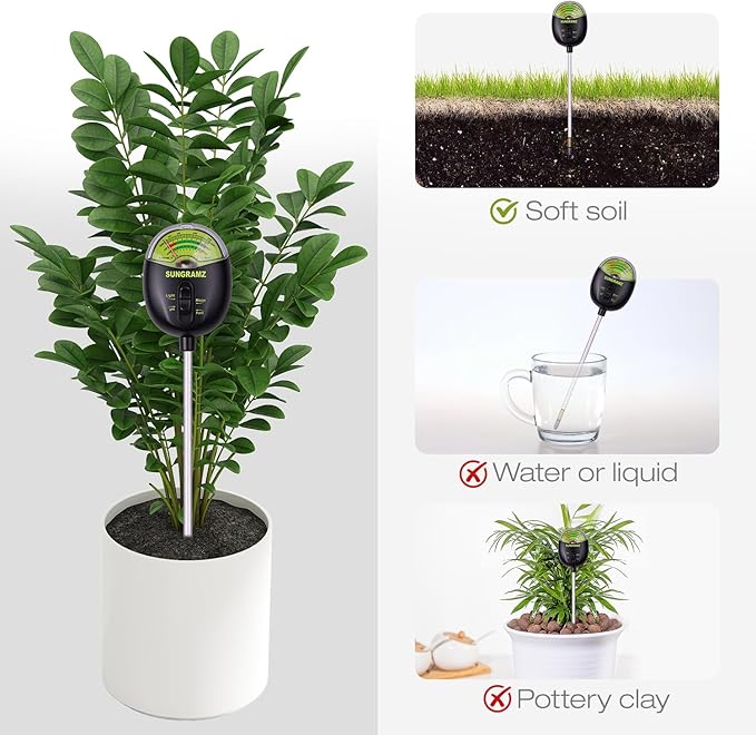 Soil Moisture Meter for Plants, 4-in-1 Moisture/pH/Fertility/Sunlight Dial Display, pH Soil Tester for Garden, Lawn, Farm, Indoor & Outdoor Use, No Battery Required, Black