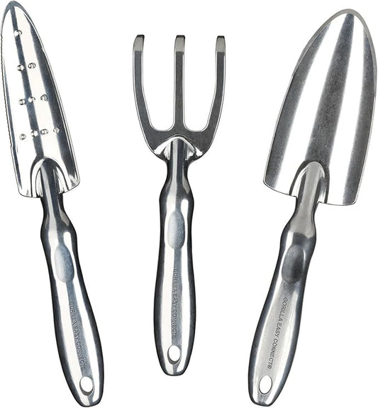 Gorilla Easy Connect Heavy Duty Garden Tools with Digging Trowel, Transplant Trowel and Cultivator Hand Rake Solid One Piece Cast Aluminum Construction