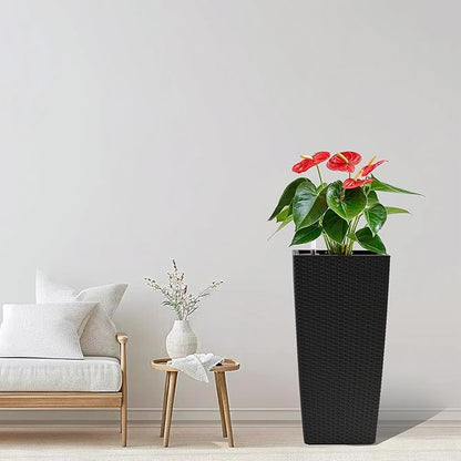 2 Pack Tall Planters for Indoor or Outdoor Plants, Self-Watering Pots with Drain Holes, 22-Inch High Faux Rattan Design Modern Tall Square Planter Box for Porch, Patio, Backyard (Pack of 2, Black)
