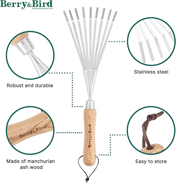 Berry&Bird Gardening Hand Shrub Rake, 14.7" Stainless Steel Grass Rake, 9 Tines Fan Lawn Leaf with Ergonomic Wooden Handle, Small Hand Rake for Sweep Leaves & Loose Debris in Garden, Lawns and Yards