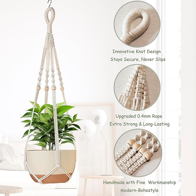 35 Inch Macrame Plant Hanger Indoor Outdoor Fits 4 to 15 inch pots Hanging Planter Basket with Wood Beads and No Tassels,Boho Home Decor,Ivory,Set of 2 (Pots Not Included)