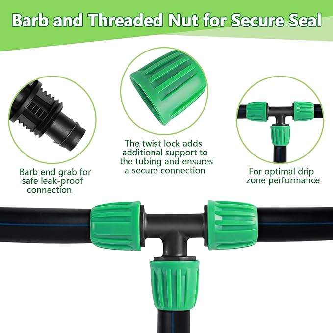 12 Pack 1/2 Inch Drip Irrigation Tee (1/2" ID x 0.65" OD), Drip Line Irrigation Locked Barbed 3 Way T for 1/2'' Irrigation Tubing Anti Leak Irrigation System Tee Fittings