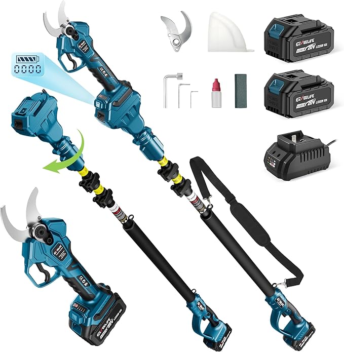 Cordless Electric Pruning Shears with Pole,21V 4000mAh Batteries, 1.6" Cutting Diameter,9.2ft Reach,3 Modes Adjustable,Brushless Motor for Powerful Branch Tree Trimming,Sky Blue