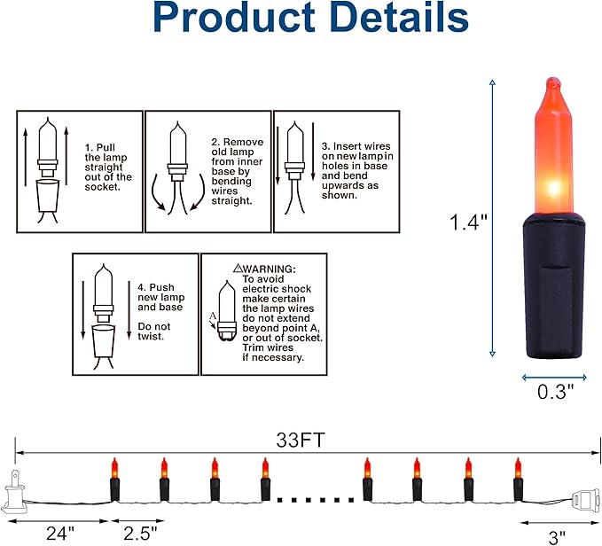 LJLNION 3 Pack Halloween Lights Outdoor, Each 33ft 150 Count Black Wire Incandescent Fairy Mini Lights, 120V UL Certified Clear Light String, Connectable for Patio Tree Party Home Decor, Orange