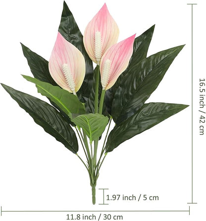 Artificial Peace Lily Plant, Spathiphyllum Artificial Plants with Pink Flowers, 2-Pack 3 Blooms with Green Leaves for Indoor Outdoor Decoration