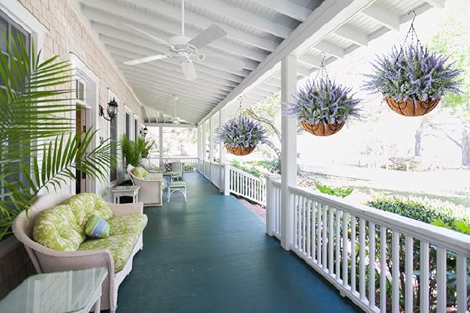 Ivydale Artificial Faux Outdoor Hanging Flowers Plants Basket for Porch Spring Decoration, 12 Bundlies Fake UV Resistant Lavender with Coconut Lining Baskets for Home Patio Balcony Yard