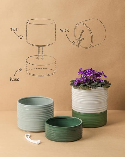 Self Watering Pots for Indoor Plants, 6 Inch Ceramic Self Watering Plant Pot, Planter Pot with Wick Rope and Drainage Hole for African Violet Succulent Herbs (Green Light)