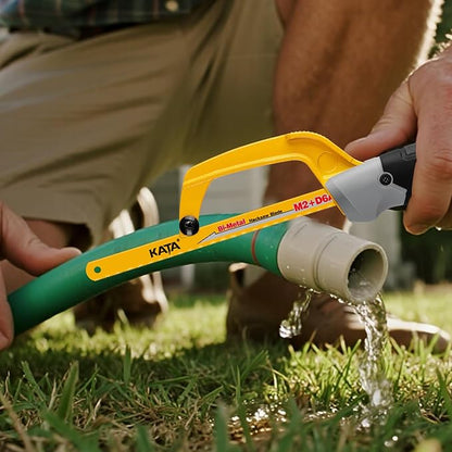 KATA Hacksaw, Compact Hand Operating Hack Saw with 10 Inch Aluminum Frame, 2 Piece Extra Flexible Bi-Metal HSS Blades and 1 Piece Woodworking Saw Blade, Suitable for Wood and Metal (Mini Hacksaw)