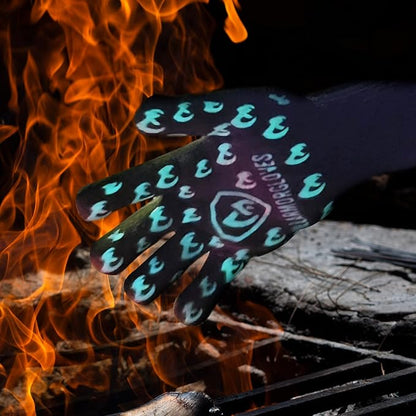 Glow in The Dark BBQ Gloves 932°F Extreme Heat & Cut Resistant Oven Mitts with Fingers – Cooking, Grilling, Baking – Accessory for Smoker, Cast Iron, Fire Pit, Camping, Fireplace