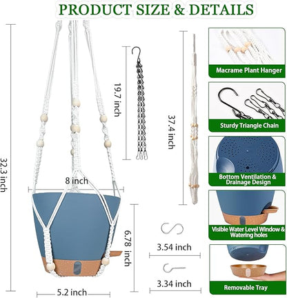 Hanging Planters for Indoor Plants 8 Inch, 2 Pack Hanging Baskets for Plants, Self Watering Hanging Flower Pots with Drainage Hole & 2 Kinds of Plant Hangers for Garden Home Decor (Navy Blue, 8 inch)