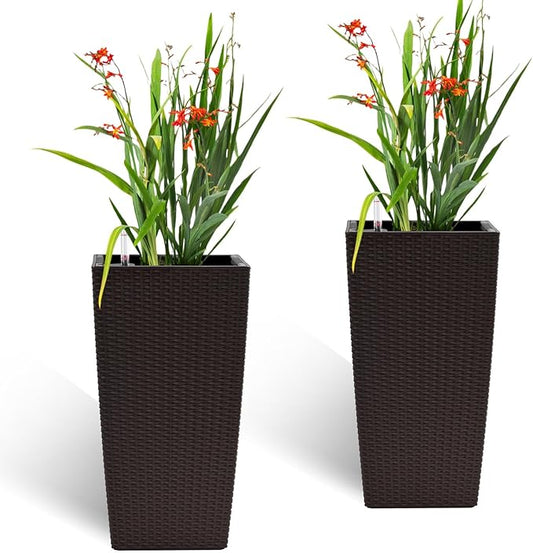 2 Pack Tall Planters for Indoor or Outdoor Plants, Self-Watering Pots with Drain Holes, 22-Inch High Faux Rattan Design Modern Tall Square Planter Box for Porch, Patio, Backyard (Pack of 2, Brown)