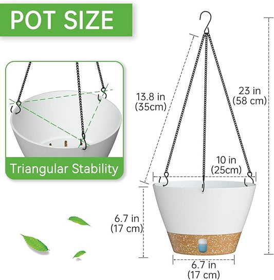 ZMTECH 10 Inch Hanging Planters for Outdoor Plants, Hanging Pots for Plants Indoor with Visible Water Level, Hanging Flower Basket with Drainage Holes & Removable Tray(2 Pack, White)