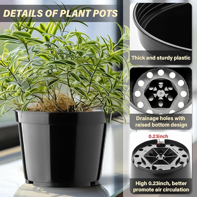 BTPLASTIK 15 Pack 6 Inch Plastic Plant Pots with Drainage Holes, Sturdy Nursery Pots for Plants, Thickened Flower Pots for Indoor Outdoor Planting Transplanting, Succulents, Seedlings, Black