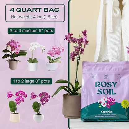 Rosy Soil Orchid Soil Potting Mix - Superior Aeration & Drainage for Orchids - Peat-Free, Microbially Active Biochar Powered Soil for Orchid Plants - Ideal for Indoor Gardening - 4 Quarts
