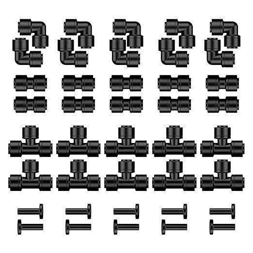 40 Pack 1/4 Inch Drip Tubing Irrigation Fittings Kit Set for 1/4" Drip Line with Push-to-Fit Connectors Includes 10 Tee 10 Coupling 10 Elbow 10 End Cap