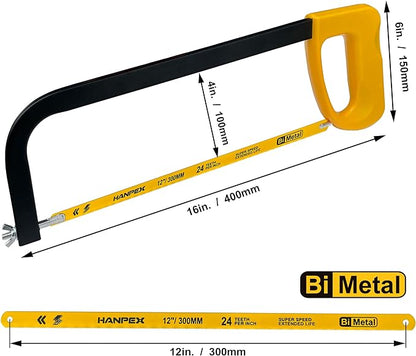 12in. High-Tension Hacksaw Frame with 24 TPI Bi-metal Blade, Hand Saw Suitable for Metal, wood, PVC, Carpentry