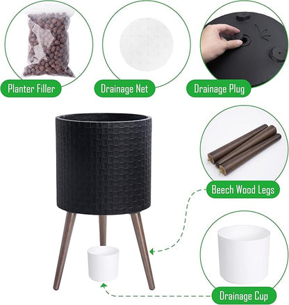 D'vine Dev 14 Inch Modern Geometric Tile Patterned Sleek Planter Pot with Stand, Indoor Outdoor Decorative Plant Holder, Matte Black, 88-Z-D-2