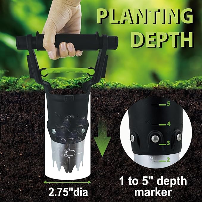 Hugeleaf Bulb Planter Tool, 1-5 Inch Depth Garden Bulb Planter with Comfortable Grip Handle, Galvanized Steel Serrated Edge for Planting Tulip Daffodils Dahlias Onions