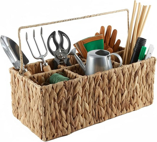 Garden Tools Woven Basket,Garden Tool Organizer with Handle,Wicker Storage Basket with 4 Compartments,Pruning Shears,Gloves,Shovel,Gardening Gifts for Women Men,14" L X 8" W X 5.5" H