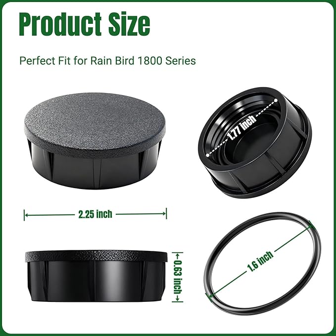 6-Pack Sprinkler Head Caps Compatible with Rain Bird 1800 Series Sprinklers, Replacement for 1800XC Model, UV-Resistant ABS and Nitrile Rubber O-Ring