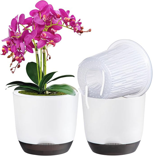 QCQHDU 2 Pack 5.7 Inch Orchid Pots with Holes for Repotting, Double-Layer and Self Watering Orchid Pot with Good Air Circulation