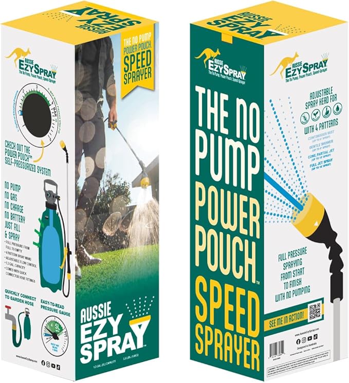 Aussie EzySpray™ 1.3 Gal No-Pump Garden Sprayer – Power Pouch™ Self-Pressurizing Speed, Handheld with 4 Spray Patterns, Comfort Grip Wand, Chemical & Water Use