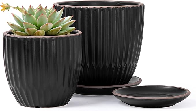 D'vine Dev Set of 2 Stoneware Planter Pots, Ceramic Pot with Drainage Hole and Saucers, 4.5 Inch 5.8 Inch, Black, 99-D-2