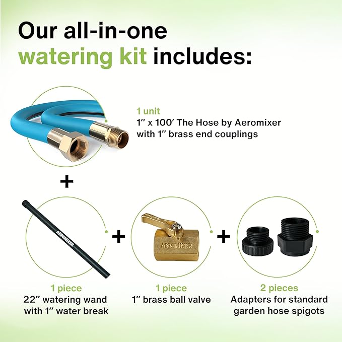 Aeromixer THE HOSE: All-In-One Watering Kit - Heavy Duty 1" 100 Ft Garden Hose, Kinkless Garden Hoses, Commercial Grade Water Hoses, 650 PSI High-Pressure Watering Tool for Farming and Gardening