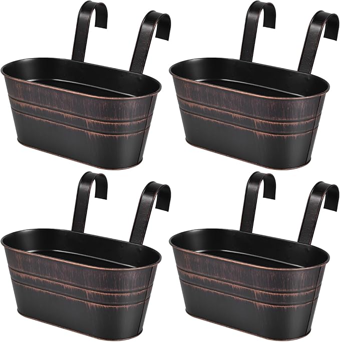 OBTANIM 4 Pack Metal Hanging Flower Pots Iron Railing Planter Outdoor Fence Hanging Pots Bucket Plant Holder with Detachable Hooks Drain Holes for Home Garden Yard Decor (Black)
