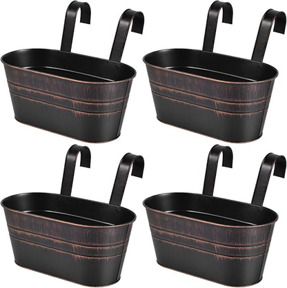 OBTANIM 4 Pack Metal Hanging Flower Pots Iron Railing Planter Outdoor Fence Hanging Pots Bucket Plant Holder with Detachable Hooks Drain Holes for Home Garden Yard Decor (Black)