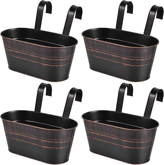 OBTANIM 4 Pack Metal Hanging Flower Pots Iron Railing Planter Outdoor Fence Hanging Pots Bucket Plant Holder with Detachable Hooks Drain Holes for Home Garden Yard Decor (Black)