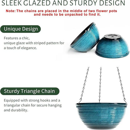 2 Pack Hanging Planters for Indoor Outdoor Plants, 10 Inch Hanging Planter with Drainage Hole & Plug Glazed Hanging Baskets Flower Pots for Garden Home (Blue)